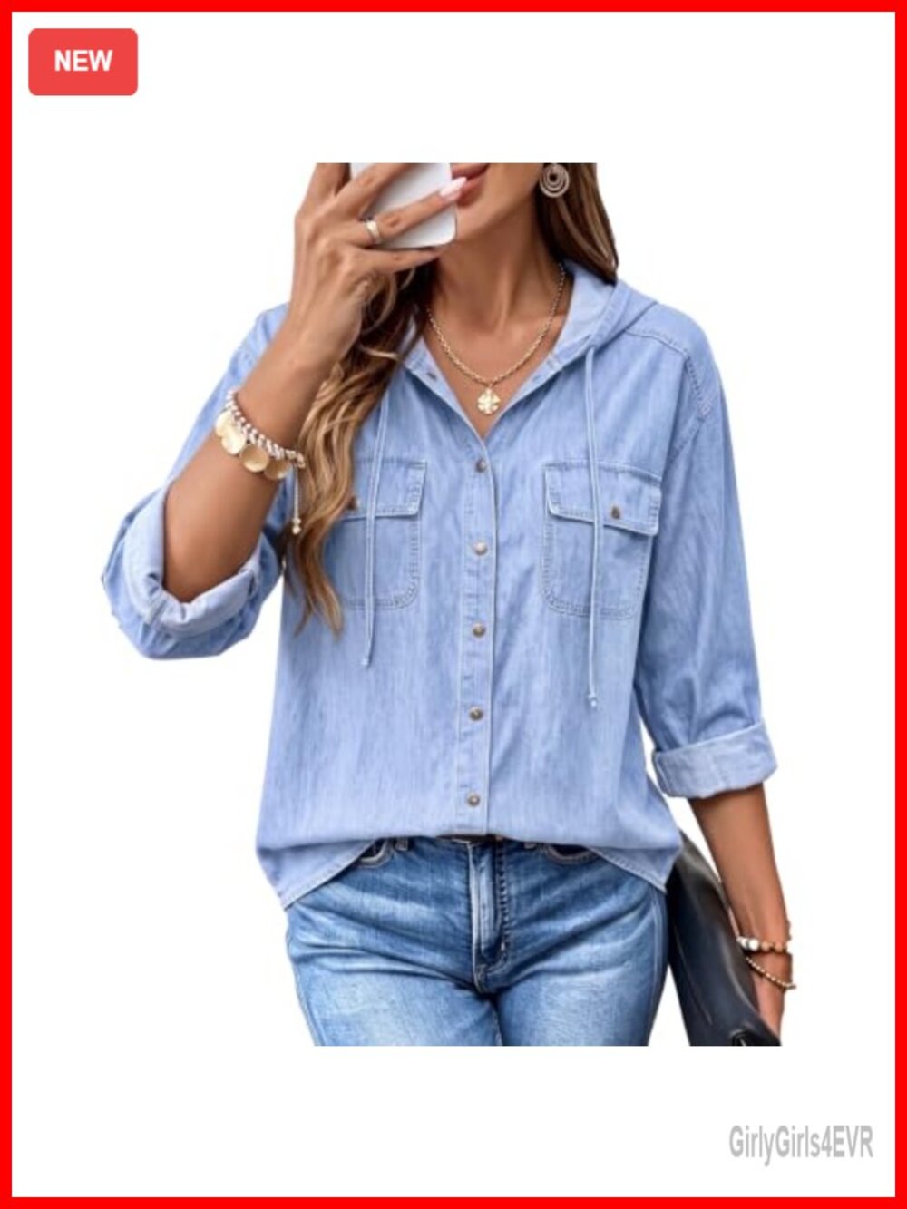Womens Cotton Denim Hoodie Button Down Shacket Oversized